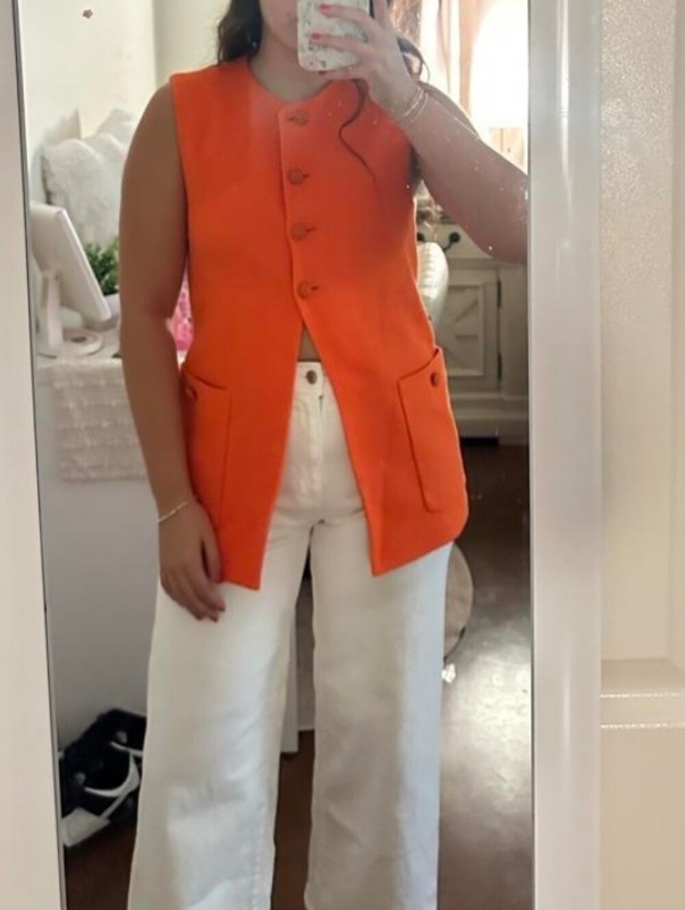 Zara textured tweed orange long vest top size XS